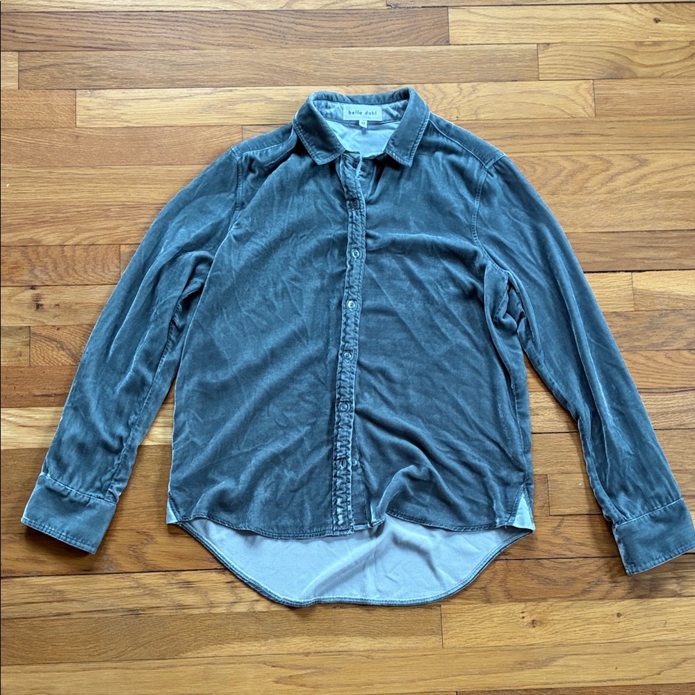 Bella Dahl Velvet Silk Button Down XS Shirt Blouse Layering Grey Silver